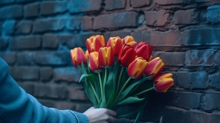 A mans hand holds a beautiful bouquet of tulips agains. Generative AIの素材