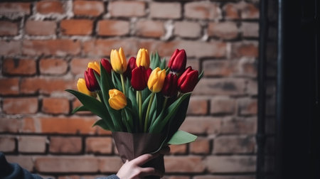 A mans hand holds a beautiful bouquet of tulips agains. Generative AIの素材