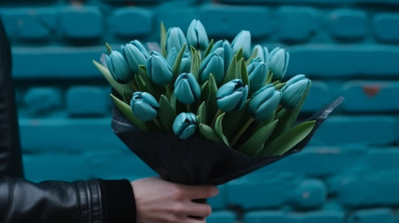 A mans hand holds a beautiful bouquet of tulips agains. Generative AIの素材
