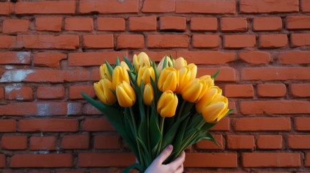 A mans hand holds a beautiful bouquet of tulips agains. Generative AIの素材