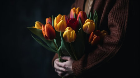 A mans hand holds a beautiful bouquet of tulips agains. Generative AIの素材