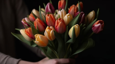 A mans hand holds a beautiful bouquet of tulips agains. Generative AIの素材