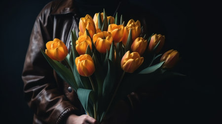A mans hand holds a beautiful bouquet of tulips agains. Generative AIの素材