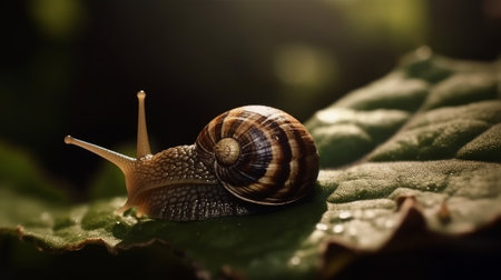 Snail with a shell climbs a green leaf. Generative AIの素材