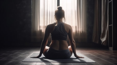 Woman stretches on a fitness mat. Generative AIの素材