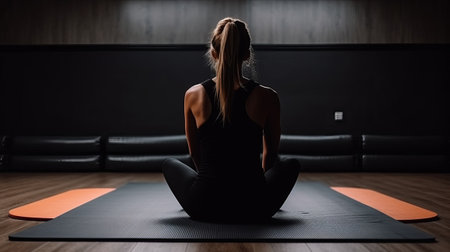Woman stretches on a fitness mat. Generative AIの素材