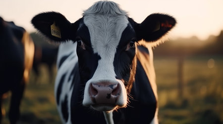 black and white cow looking at the camera on the background of the field. Generative AIの素材