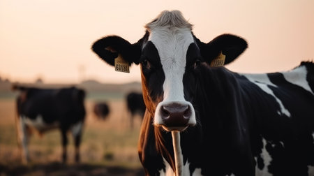 black and white cow looking at the camera on the background of the field. Generative AIの素材