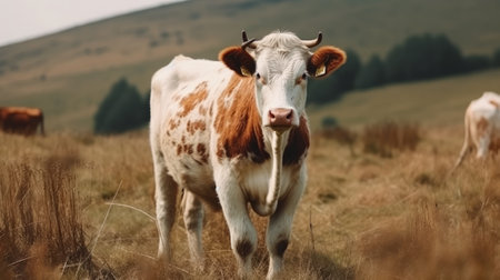 Cows in the field, one cow looks at the camera. Generative AIの素材