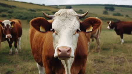 Cows in the field, one cow looks at the camera. Generative AIの素材