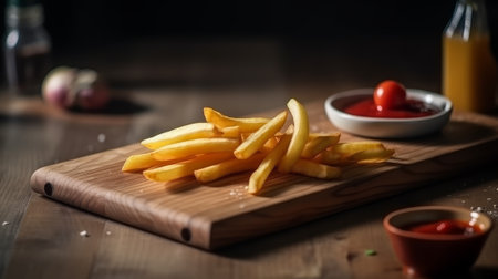 french fries with small ketchup lies on a wooden board. Generative AIの素材