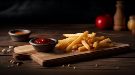 french fries with small ketchup lies on a wooden board. Generative AIの素材