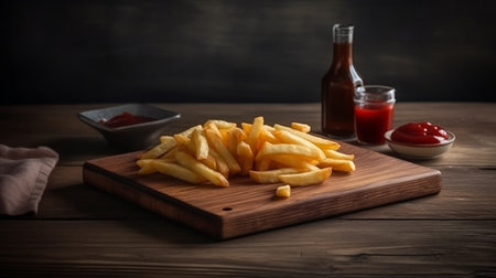french fries with small ketchup lies on a wooden board. Generative AIの素材