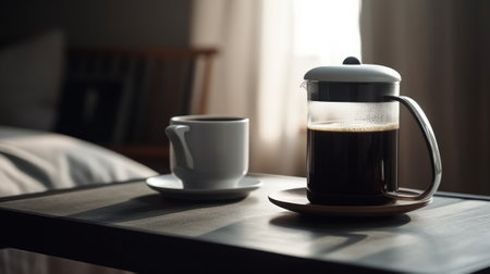 French press coffee and white cup on coffee table. Generative AIの素材