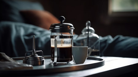 French press coffee and white cup on coffee table. Generative AIの素材