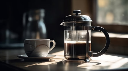 French press coffee and white cup on coffee table. Generative AIの素材