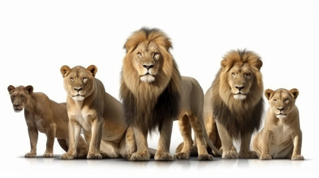 Front view of a Male adult lion on white background. Generative AIの素材