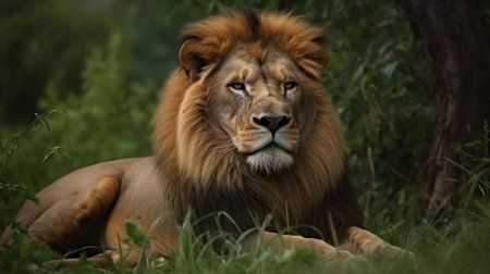 Front view of an adult male lion sitting in the grass. Generative AIの素材