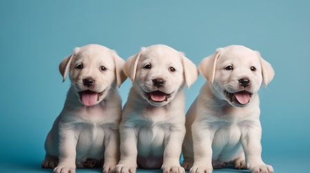 Happy dog puppies smiling on blue background. Generative AIの素材