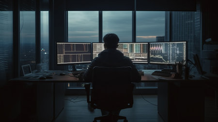 A trader sits at a table in the office behind monitors. Generative AIの素材