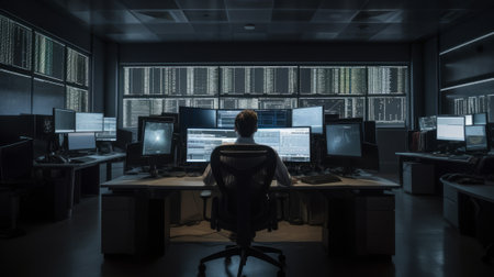 A trader sits at a table in the office behind monitors. Generative AIの素材