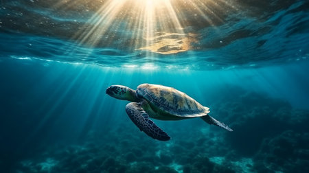 Sea turtle in blue ocean near plankton with sun rays. Generative AIの素材