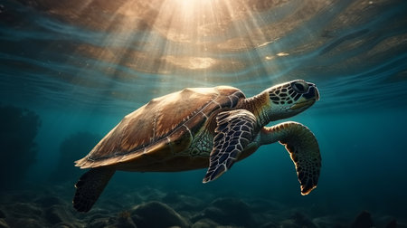 Sea turtle in blue ocean near plankton with sun rays. Generative AIの素材