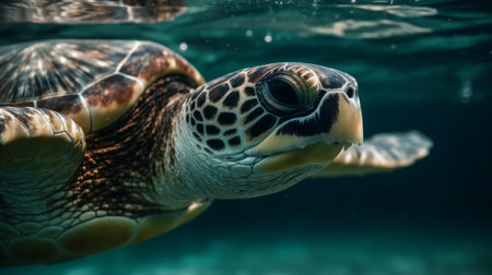 Sea turtle in blue ocean near plankton with sun rays. Generative AIの素材