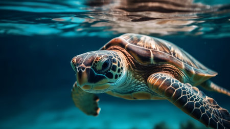 Sea turtle in blue ocean near plankton with sun rays. Generative AIの素材