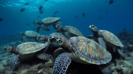 Sea turtle in blue ocean near plankton with sun rays. Generative AIの素材