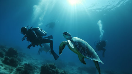 Sea turtle in blue ocean near plankton with sun rays. Generative AIの素材