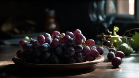 bunch of grapes lies on the kitchen table. Generative AIの素材