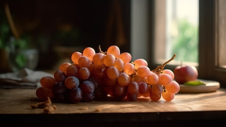 bunch of grapes lies on the kitchen table. Generative AIの素材
