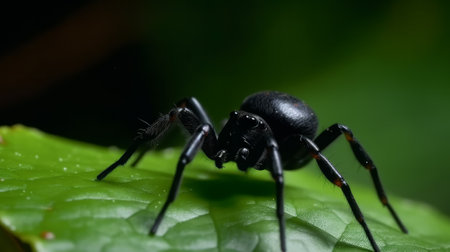 black spider on leaf green background. Generative AIの素材