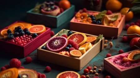 Bright and Colorful Boxes Fruit. Generative AIの素材