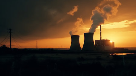 Coal fired power station silhouette at sunset. Generative AIの素材