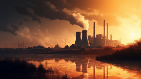 Coal fired power station silhouette at sunset. Generative AIの素材