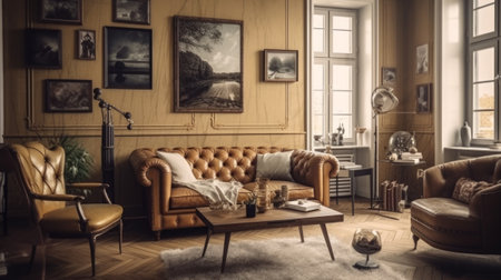Creative and modern vintage living room interior desig. Generative AIの素材