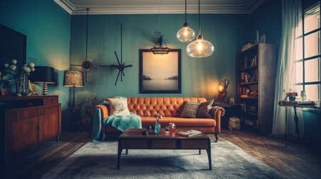Creative and modern vintage living room interior desig. Generative AIの素材