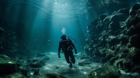 Diver swims at the bottom of the ocean. Generative AIの素材