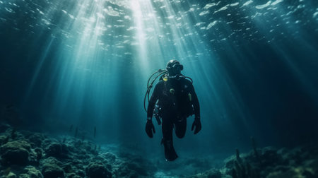 Diver swims at the bottom of the ocean. Generative AIの素材