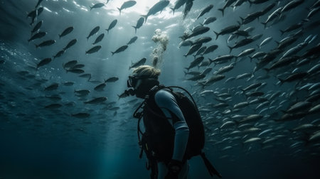 Diver swims at the bottom of the ocean. Generative AIの素材