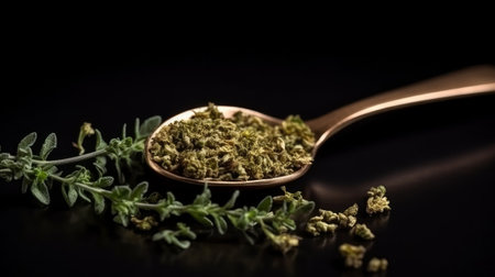 Dried marjoram in a spoon on a black background. Generative AIの素材