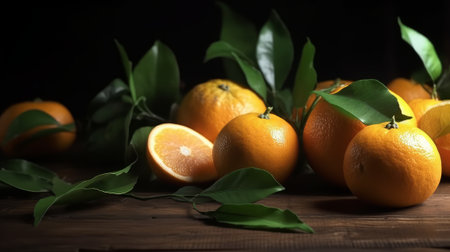 Fresh oranges with leaves on a wooden table. Generative AIの素材