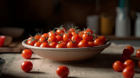 Fresh red cherry tomatoes on the kitchen table. Generative AIの素材