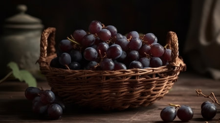 grapes in a wicker basket on the kitchen table. Generative AIの素材