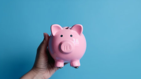 Hand holding a pink piggy bank on blue background. Generative AIの素材