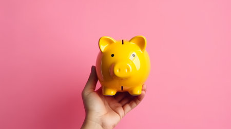 Hand holding a yellow piggy bank on pink background. Generative AIの素材