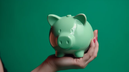 Hand holding a green piggy bank on green background. Generative AIの素材
