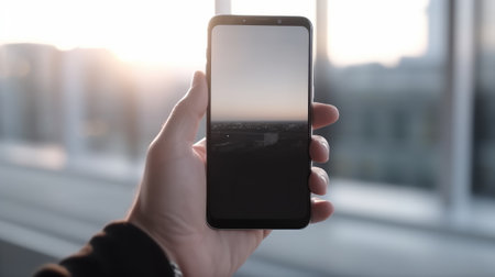 Hand holding smartphone with blank screen on white background. Generative AIの素材